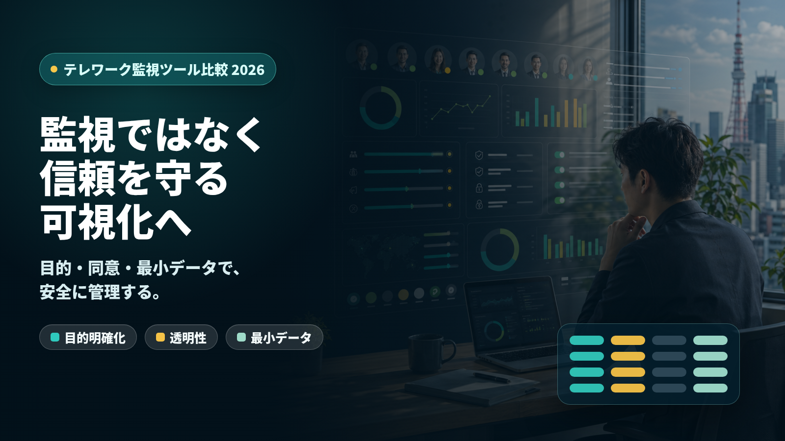 テレワーク監視ツール比較 2026：信頼を壊さない選び方