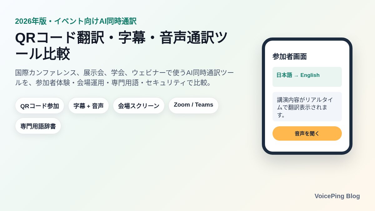 イベント向けAI同時通訳ツール比較 2026年版:QRコード翻訳・字幕・音声通訳10選
