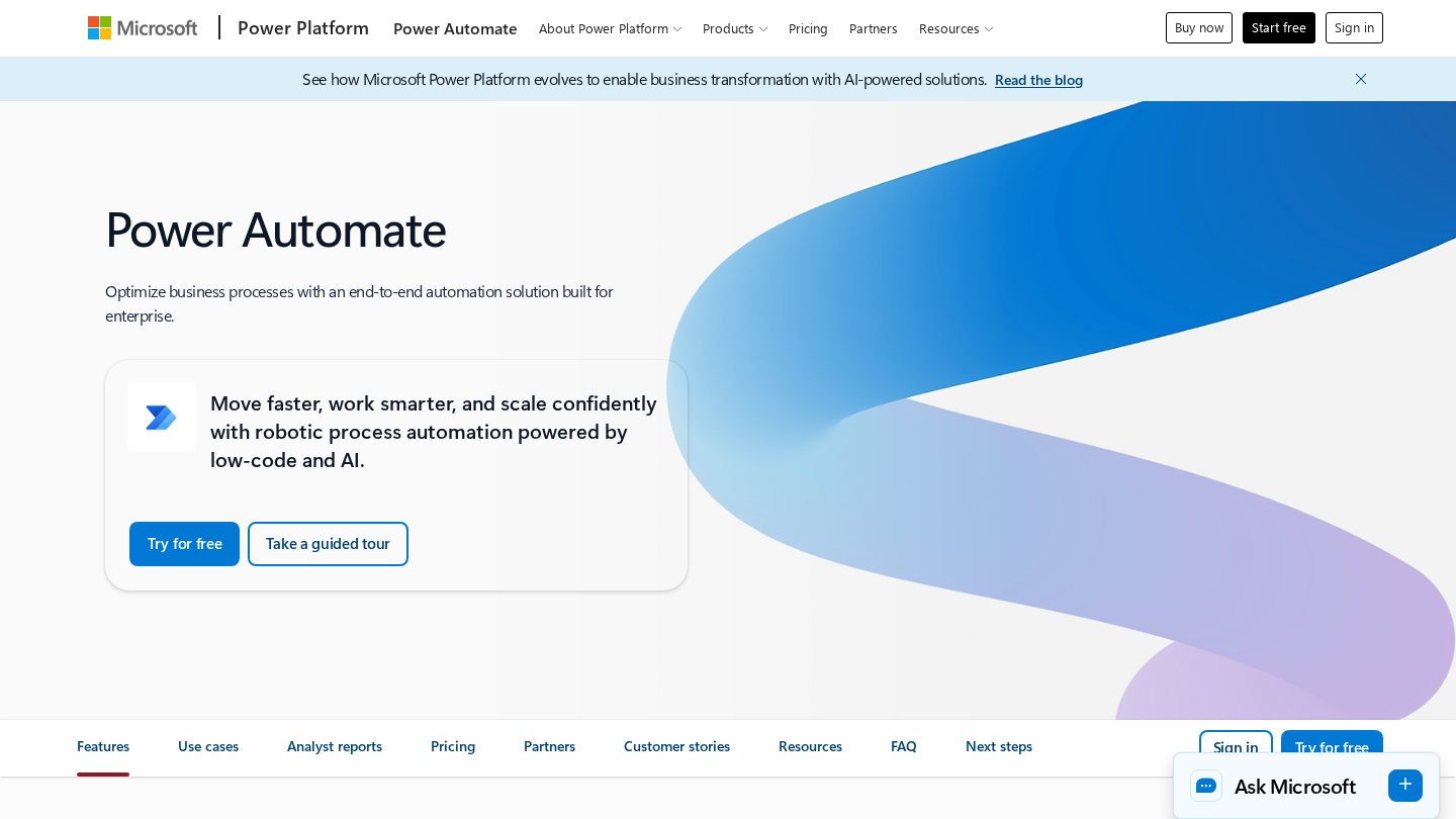 Microsoft Power Automate 공식 페이지 스크린샷