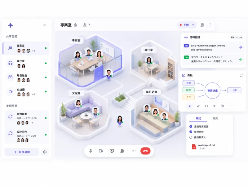 VoicePing多語言虛擬辦公室繁體中文介面示意圖