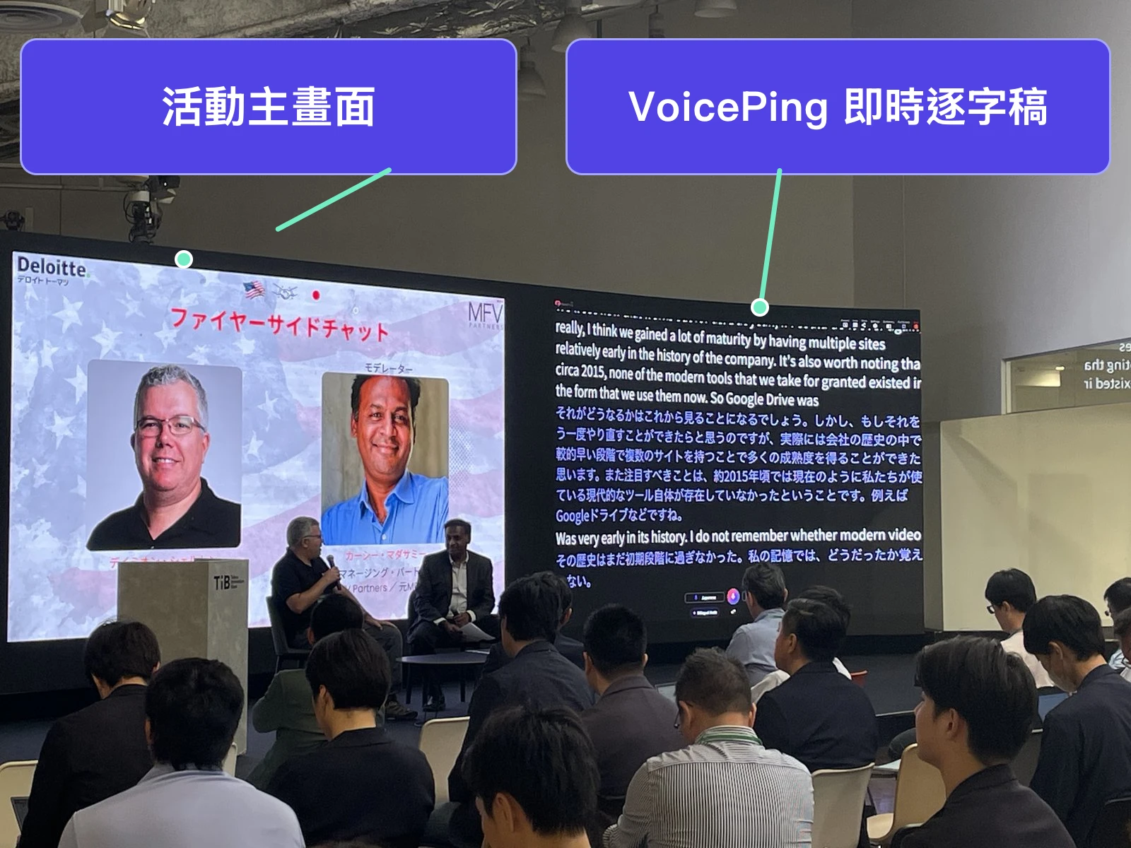 兩位來賓進行爐邊對談,旁邊的螢幕分別顯示活動主畫面,以及附有日文翻譯的英文即時逐字稿