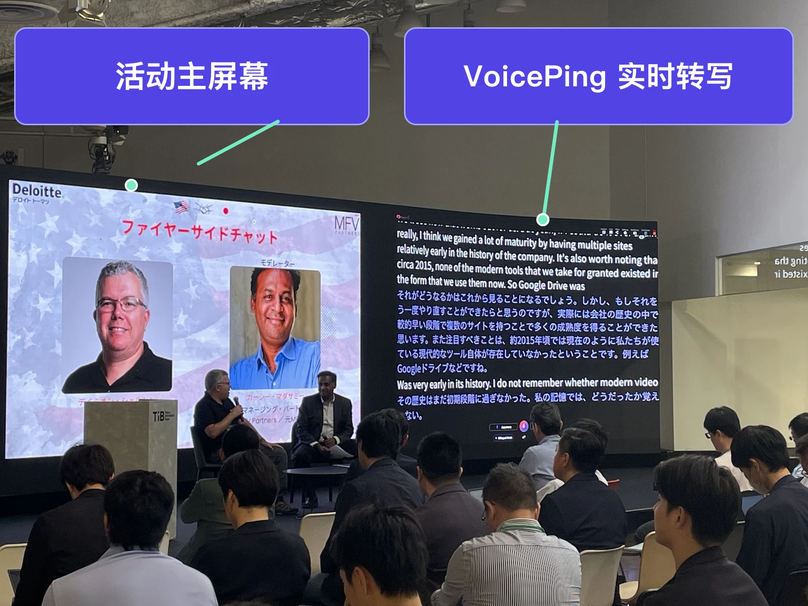 两位嘉宾进行炉边对谈,旁边的屏幕分别显示活动主画面和带日语翻译的英语实时转写