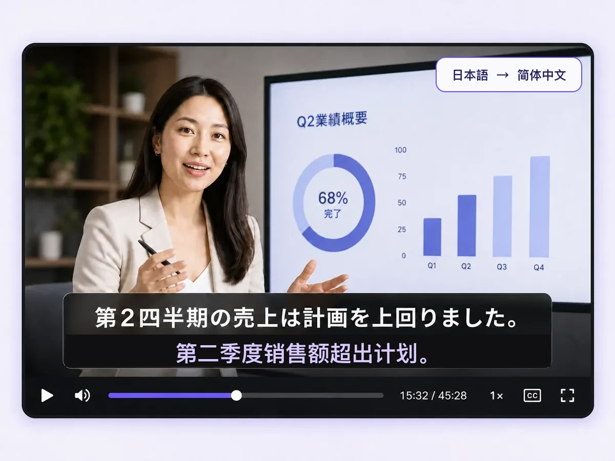 商务演示视频显示清晰的日文原文与简体中文字幕,并带有完整播放控件