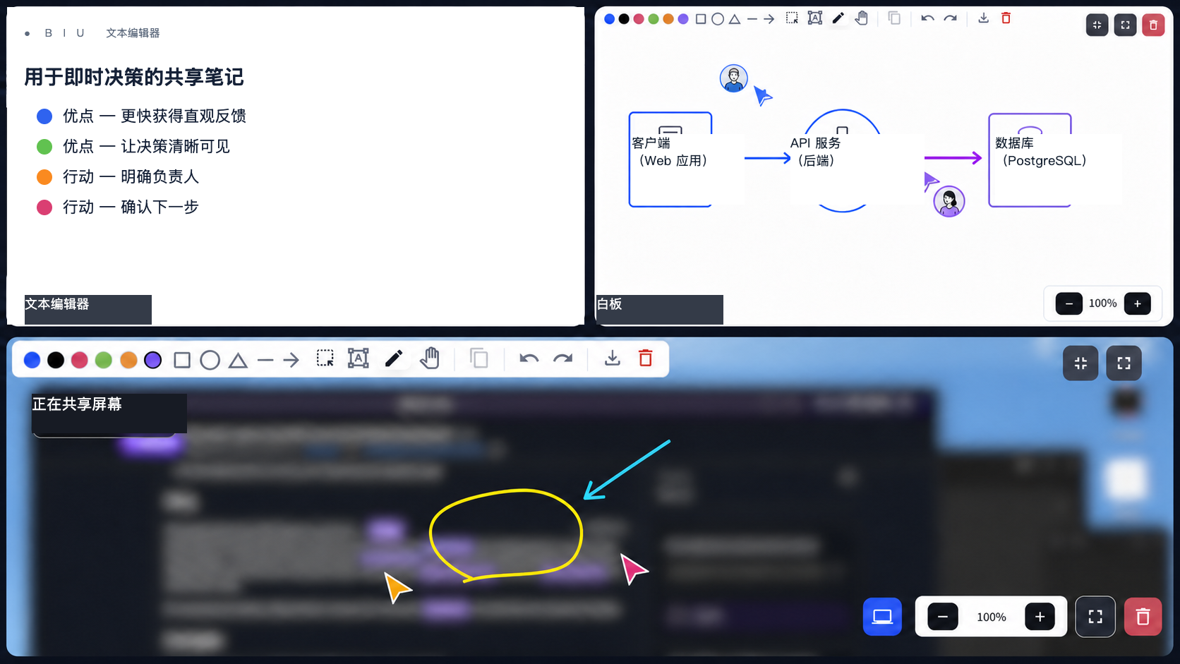 经过隐私处理的 VoicePing 协作界面拼贴图,展示共享决策记录、两人在架构白板上进行标记,以及在演示画面上添加的批注