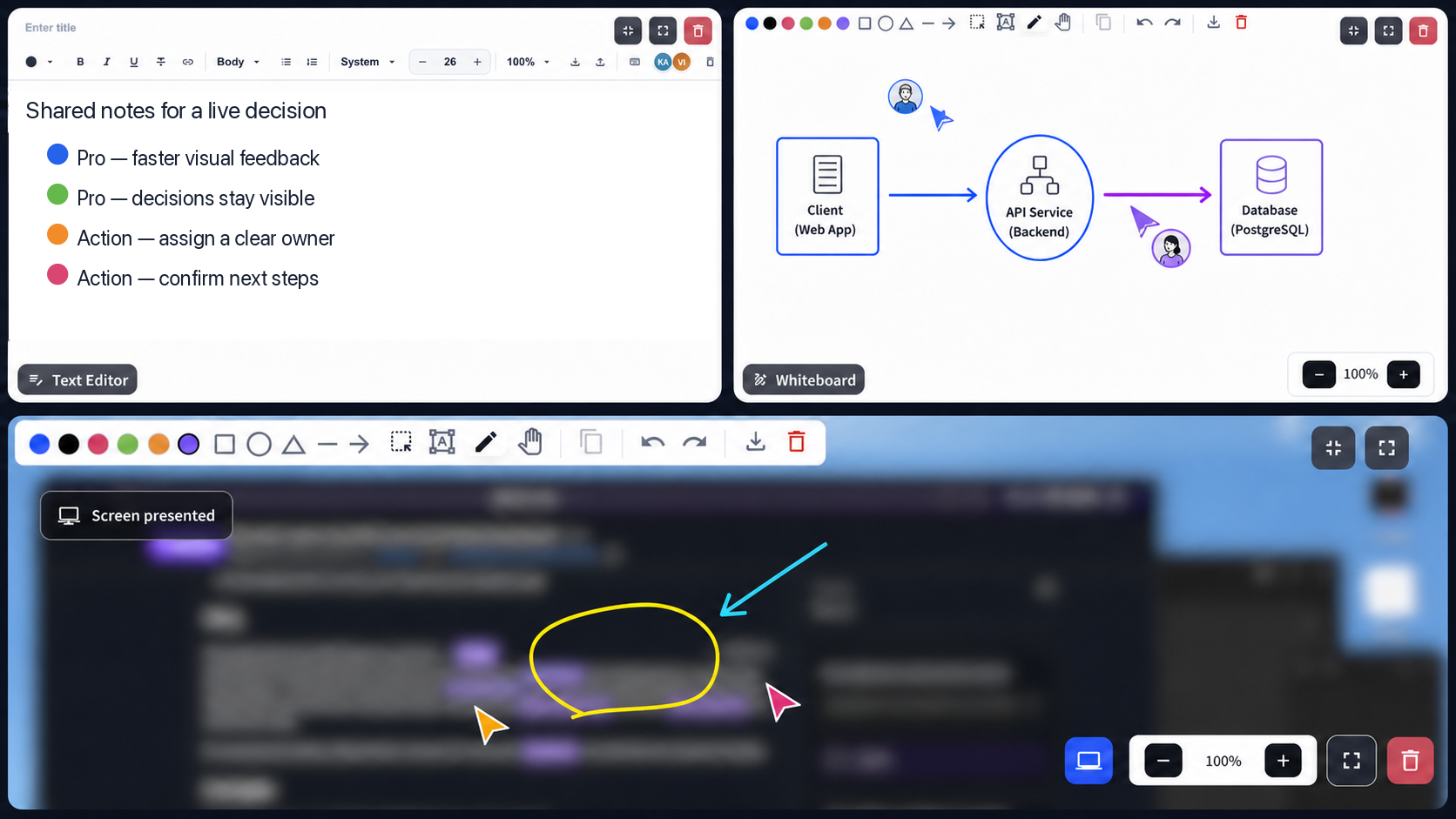 Privacy-edited collage based on VoicePing collaboration views, showing shared decision notes, two people marking an architecture whiteboard, and annotations on a presented screen