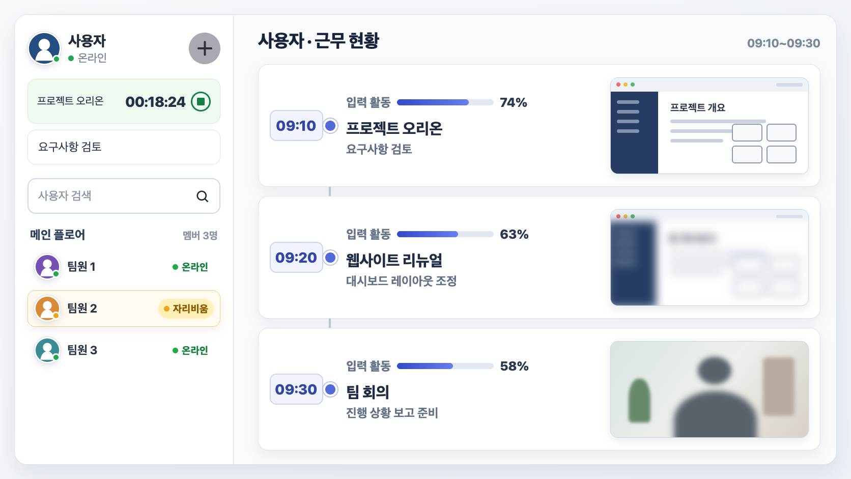 일반 사용자 사이드바, 현재 프로젝트 타이머와 재실 상태, 데스크톱·프라이버시 블러·웹캠 증빙을 포함한 3단계 근무 활동 타임라인을 보여주는 VoicePing 매니저 화면 일러스트