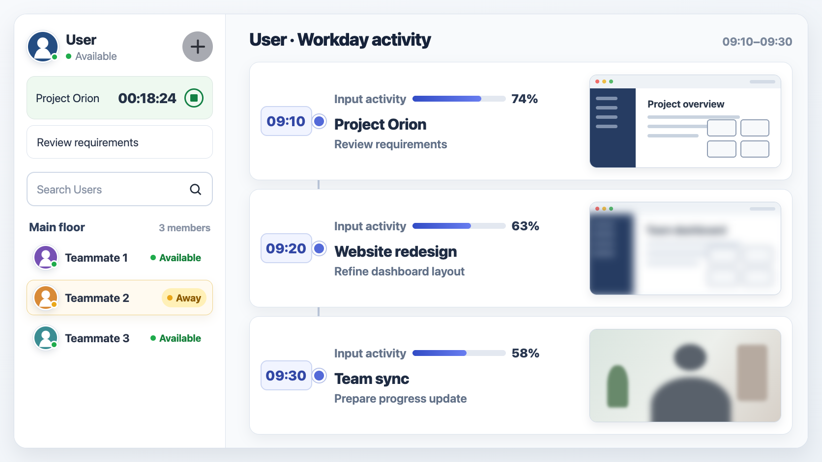 Illustrated VoicePing manager view with a generic user sidebar, current project timer and availability beside a three-step workday activity timeline with desktop, privacy-blurred, and webcam evidence.
